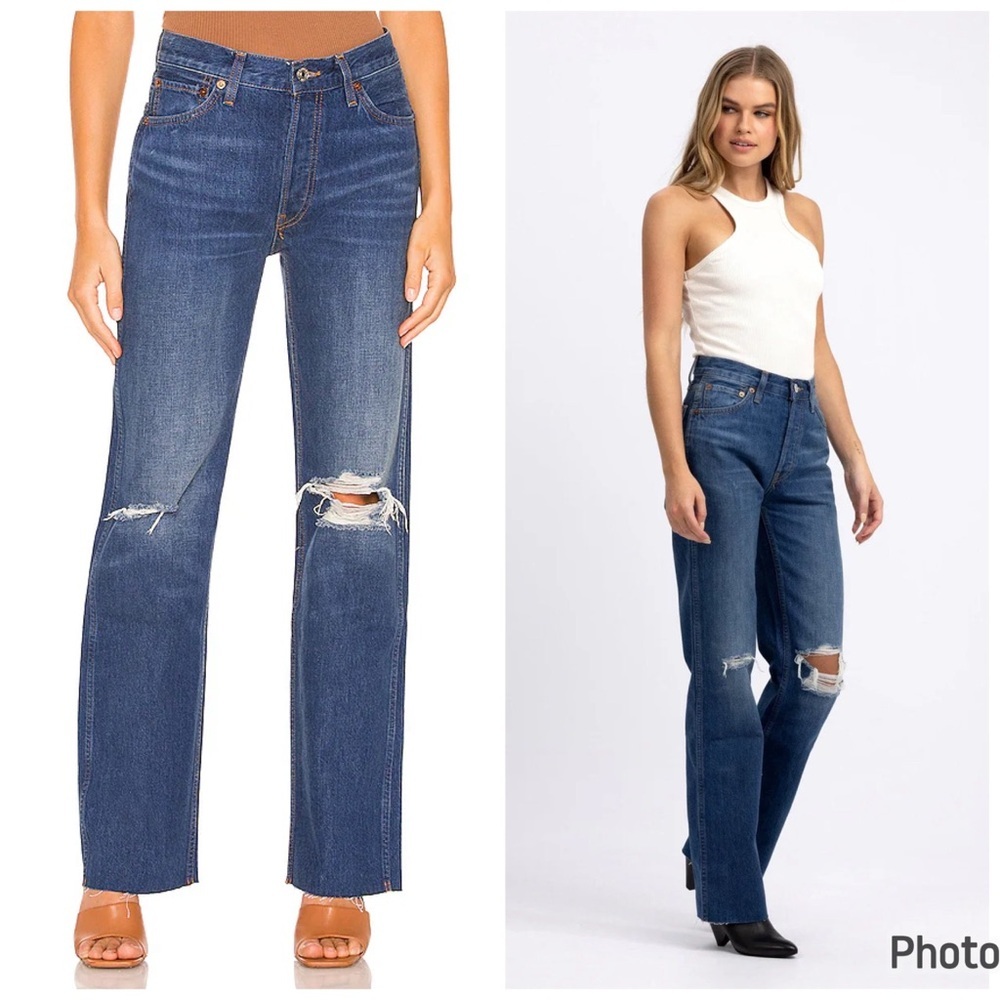 Re/Done 90s‎ High Rise Loose Denim Destroyed Broken Blue Jeans Sz 26